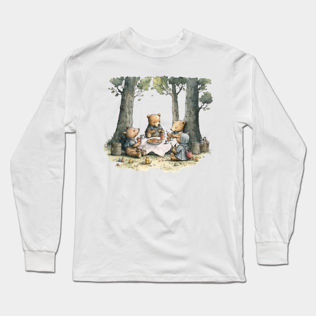 Teddy Bear Picnic Watercolor Long Sleeve T-Shirt by peachycrossing